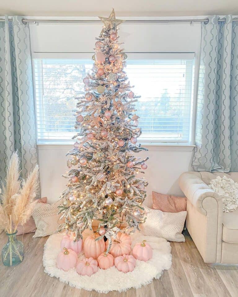 Pink Christmas Tree Decorations and Orange Pumpkins