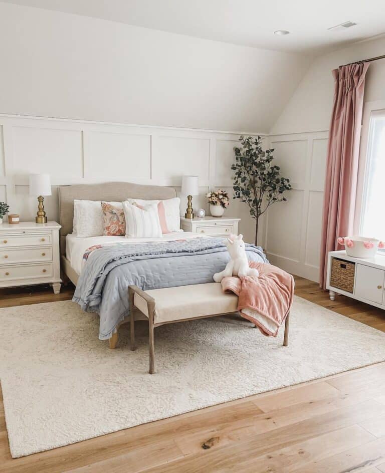 Pink Drapes in White Wainscoting Bedroom