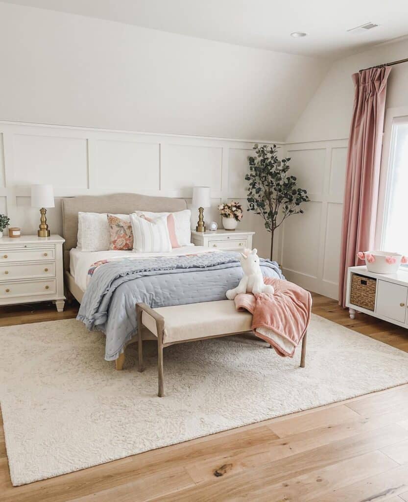 Pink Drapes in White Wainscoting Bedroom