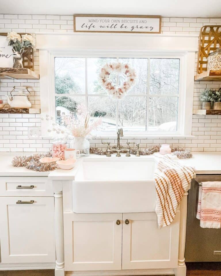 Pink Kitchen Decor with White Subway Tiles