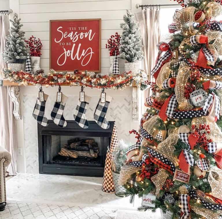 Plaid Stockings on Wood Fireplace Mantel