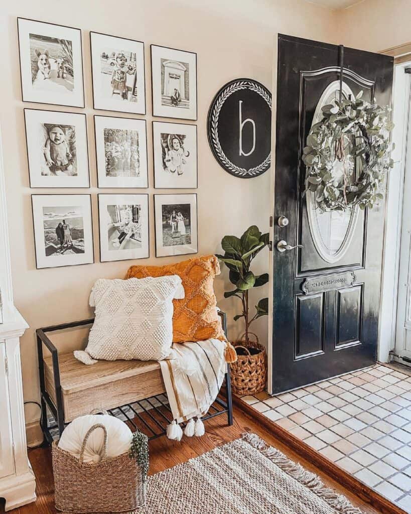 Portraits Over an Entryway Bench With Shoe Storage