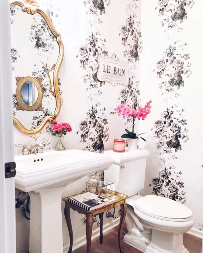 Powder Room with Floral Wallpaper