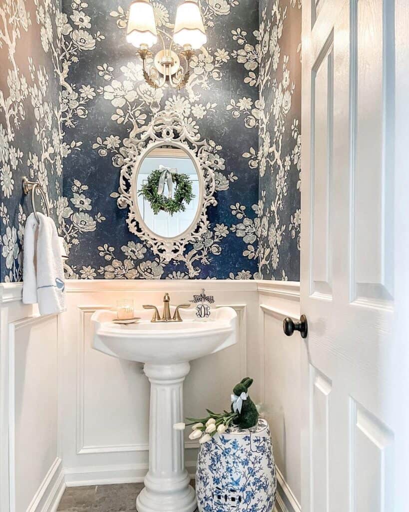 Powder Room with White Wainscoting and Pedestal Sink