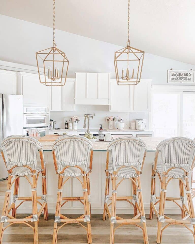 Rattan Counter Stools and Gold Pendant Lighting