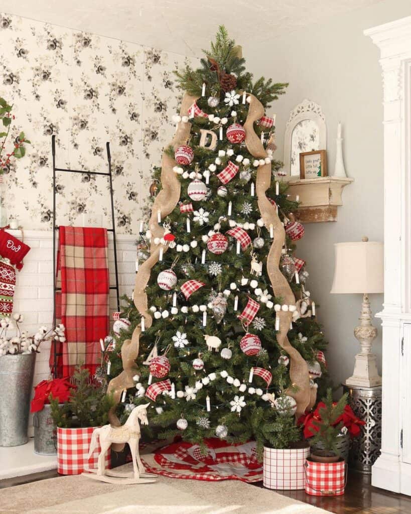 Red and White Christmas Tree Decorations with Cotton Ball Garland