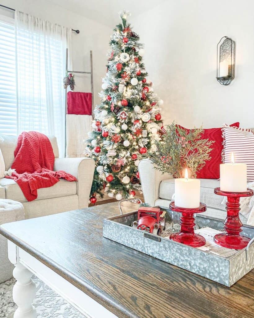 Red and White Christmas Tree Decorations with Matching Throw Pillows