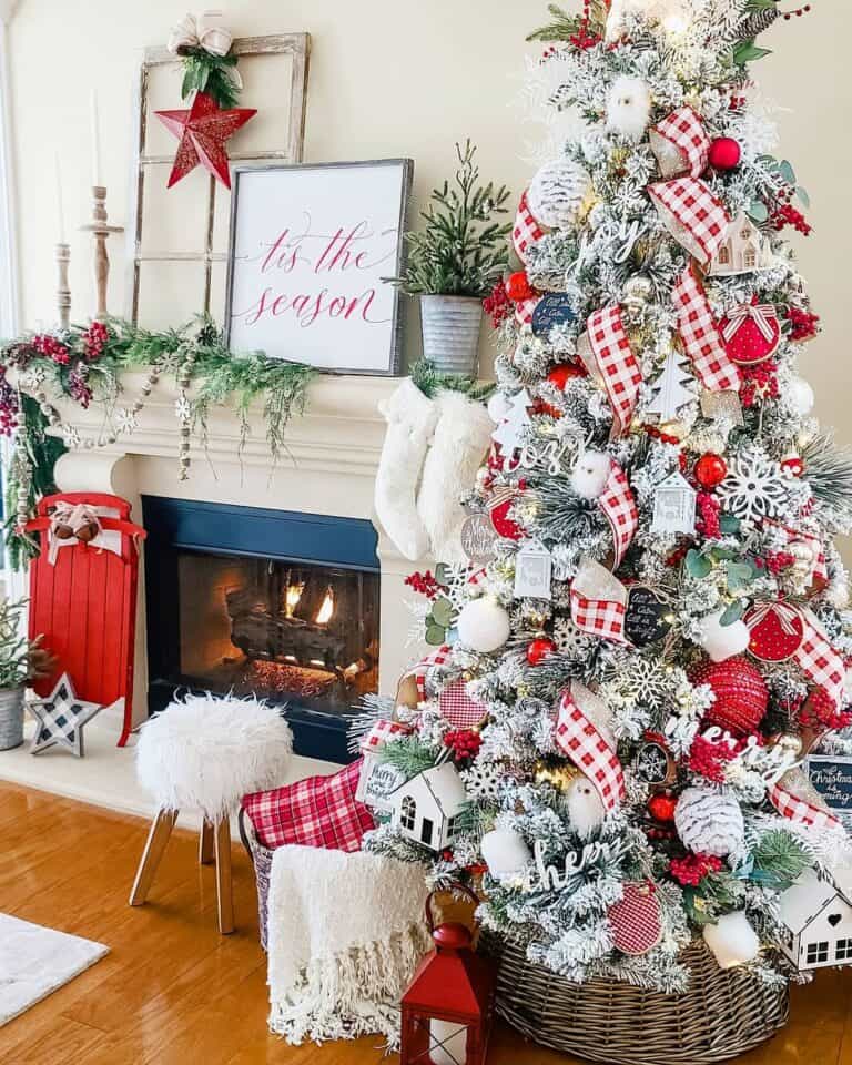 Red and White Flocked Christmas Tree with Wicker Base