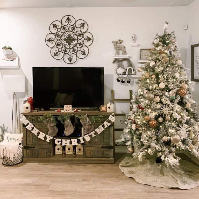 Rose Gold Christmas Tree Decorations and a Light Wood Floor