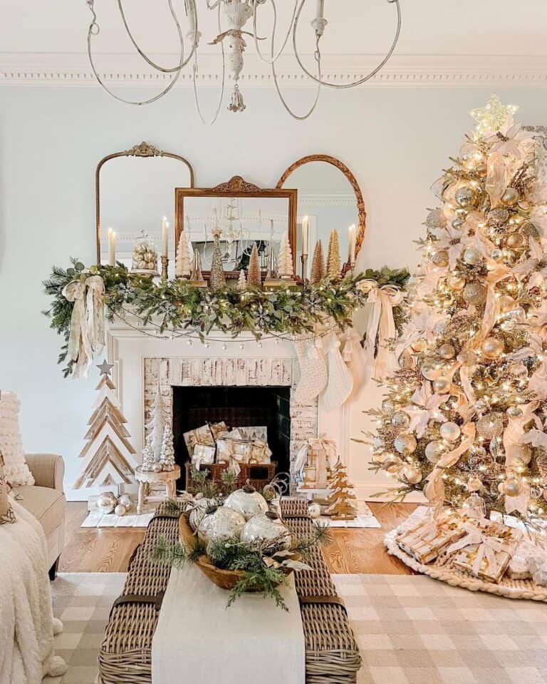 Rose Gold Christmas Tree Decorations in a Farmhouse Living Room