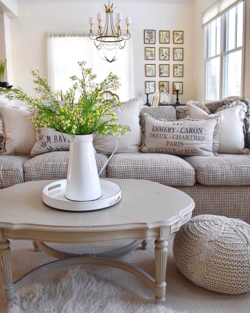 Round Knit Beige Living Room Pouf and Yellow Flowers