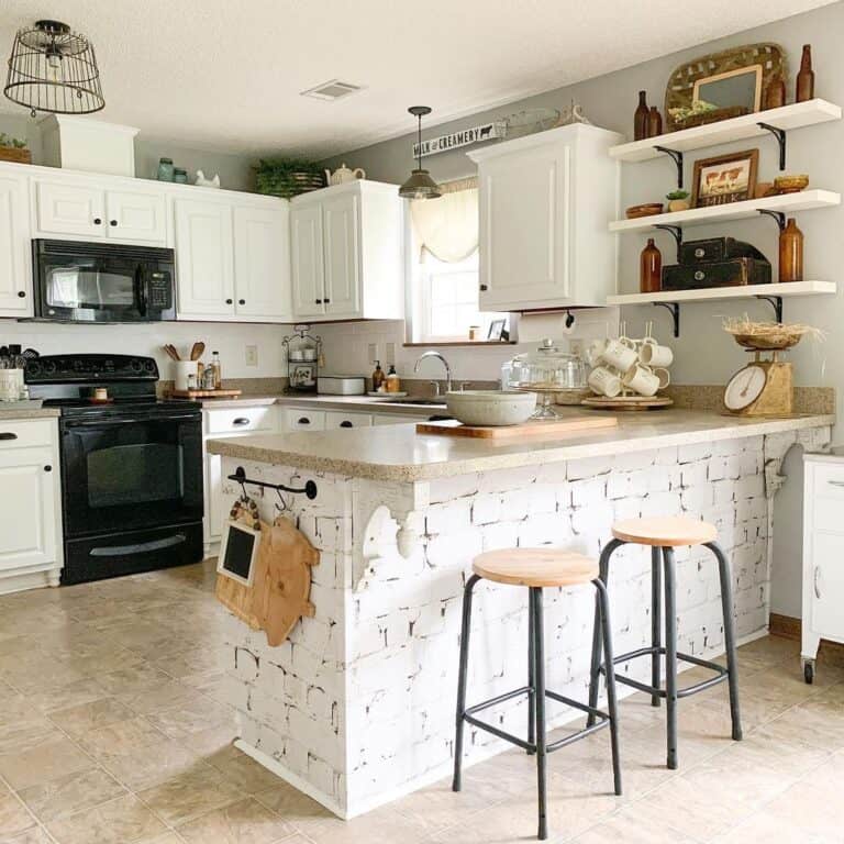 Rustic Brick Kitchen Island with Stool Seating