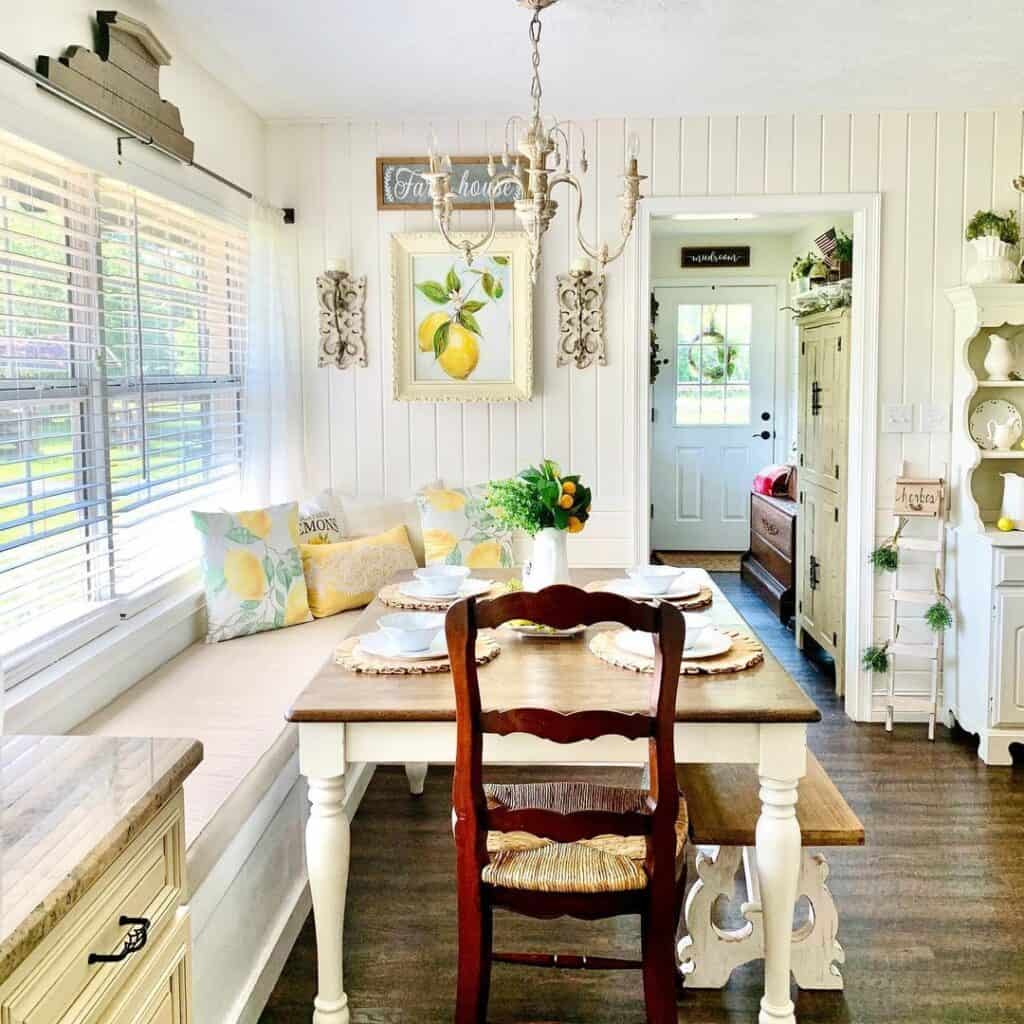 Rustic Chandelier Over Kitchen Table with Bench