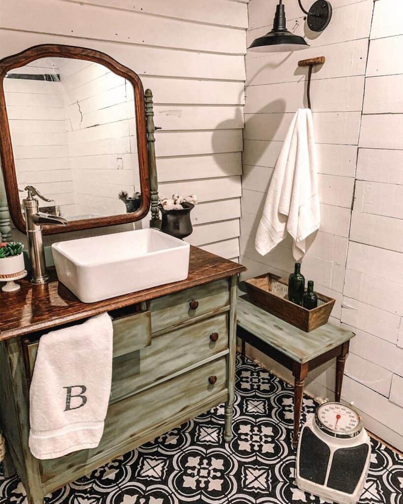 Rustic Farmhouse Bathroom with Green Vanity
