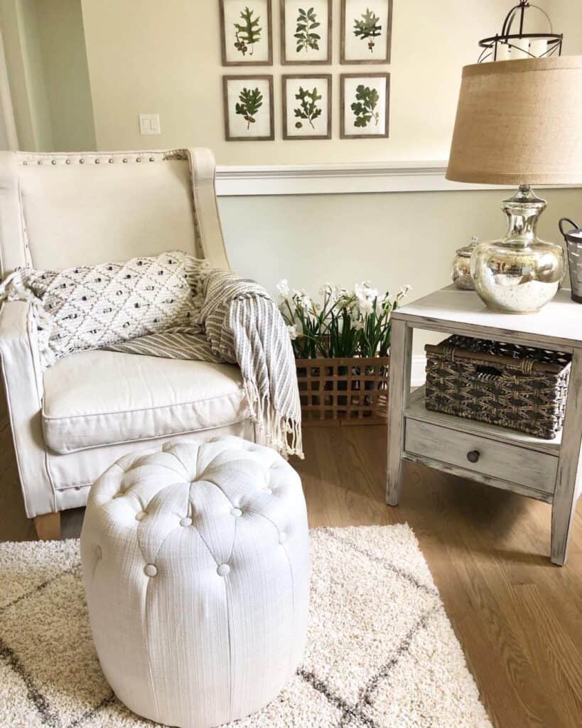 Seating Area with White Chair and Matching Pouf