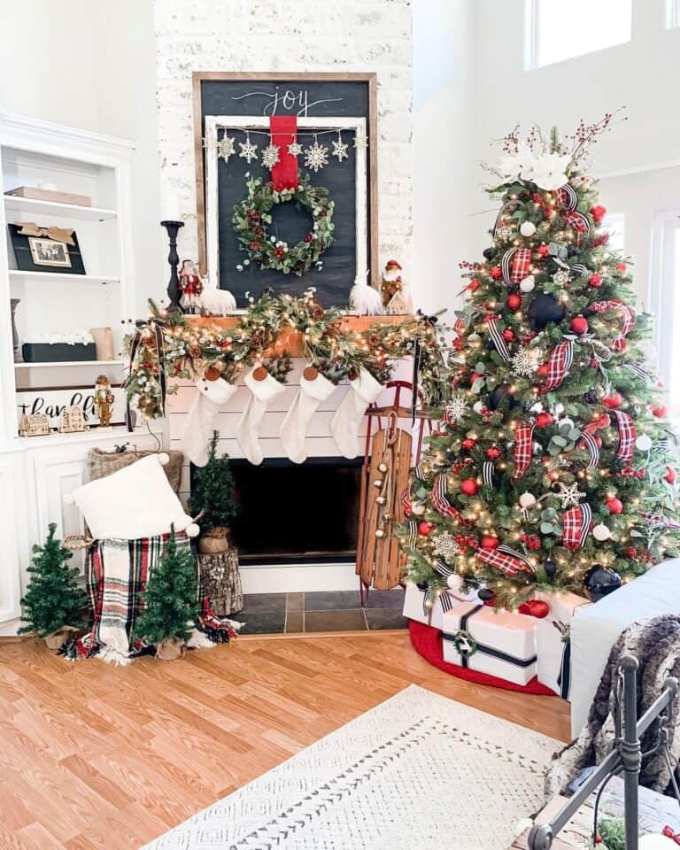 Shiplap Fireplace with Red, White, and Black Trimmed Christmas Tree ...