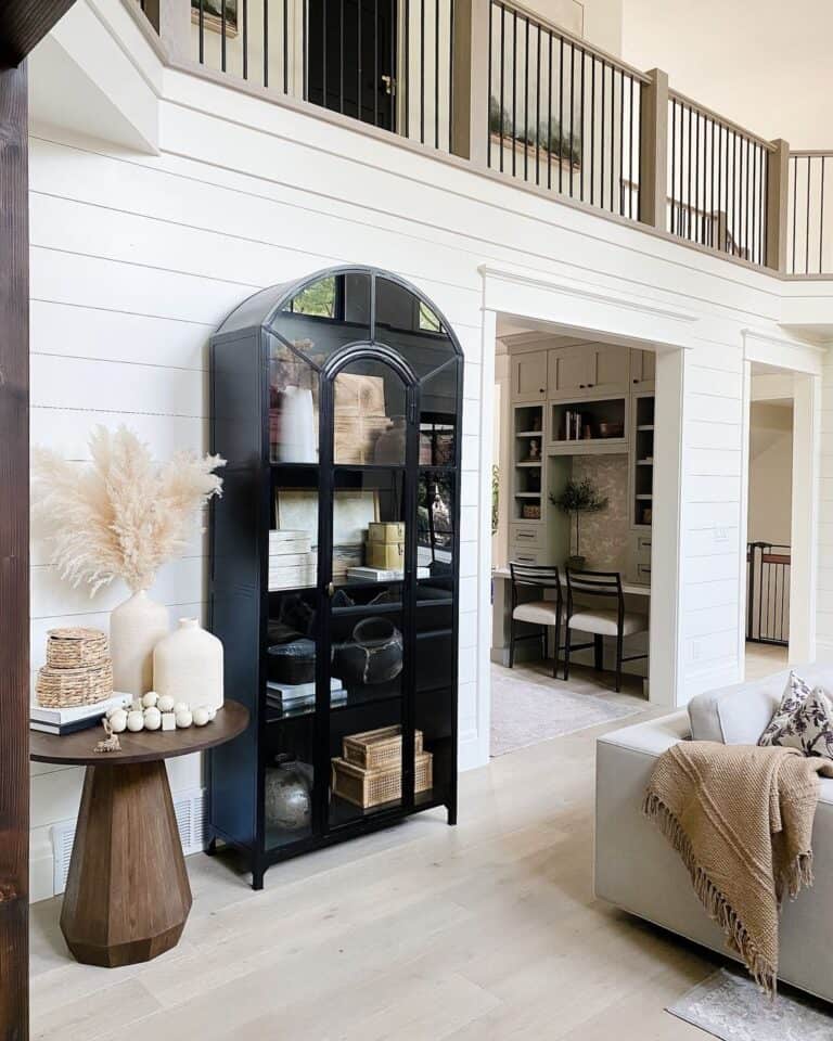 Shiplap Living Room with Second Floor Railing