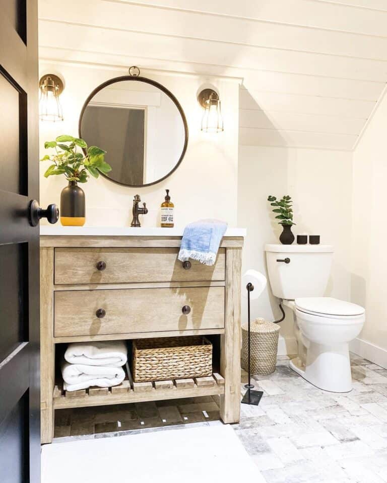 Shiplap and Rustic Wood Bathroom with Tall White Baseboards