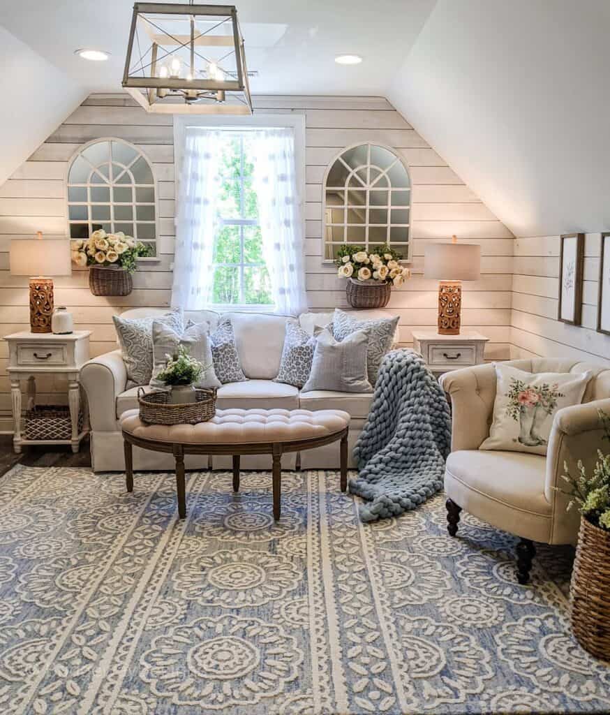 Slanted Ceiling Living Room with Shiplap Walls