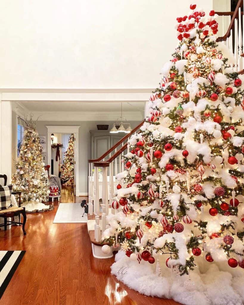 Snow Dusted Red and White Christmas Tree Decorations