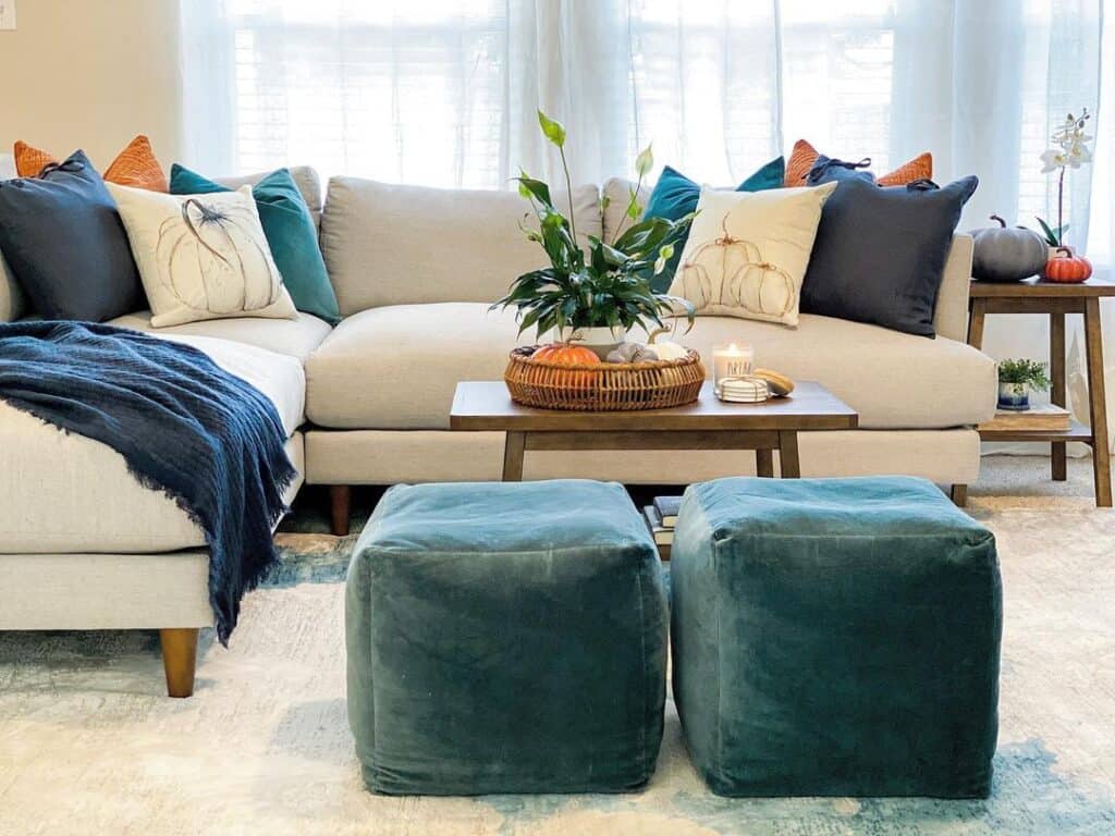 Soft Blue Poufs for a Living Room