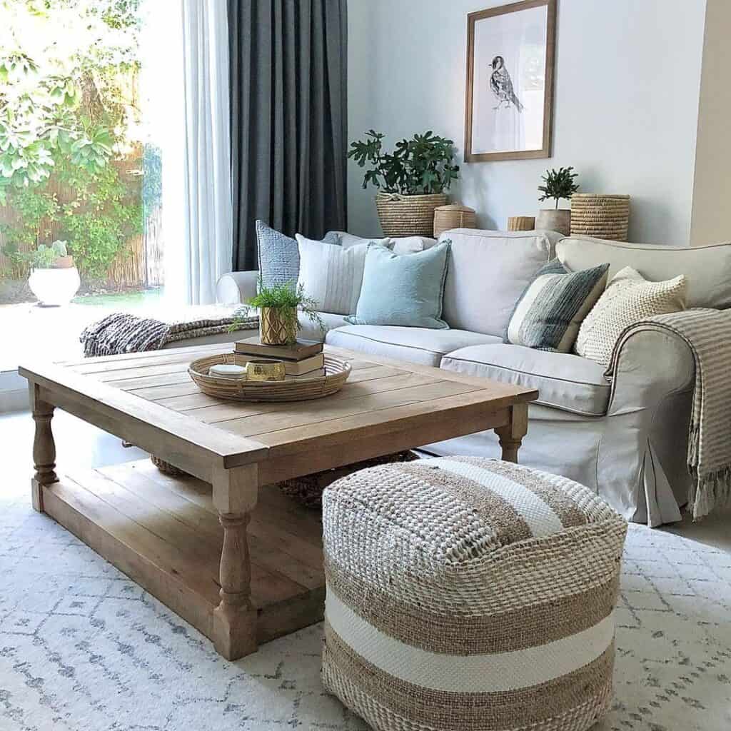 Square Beige and White Striped Living Room Pouf