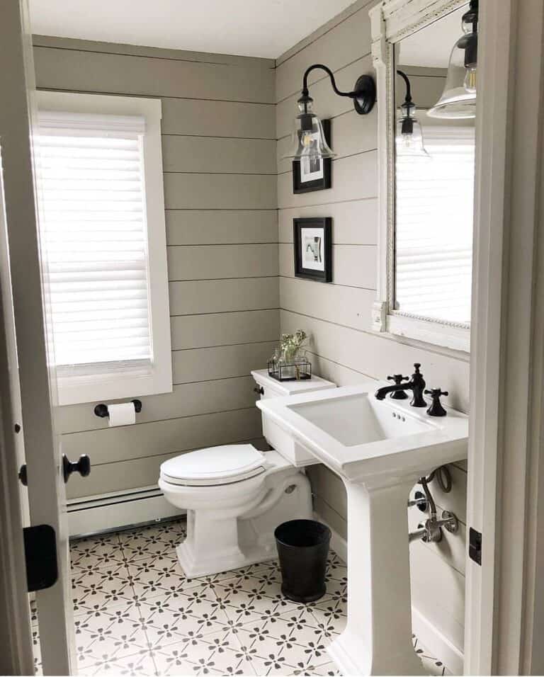 Square Pedestal Sink Bathroom with Patterned Tile Floor Soul & Lane