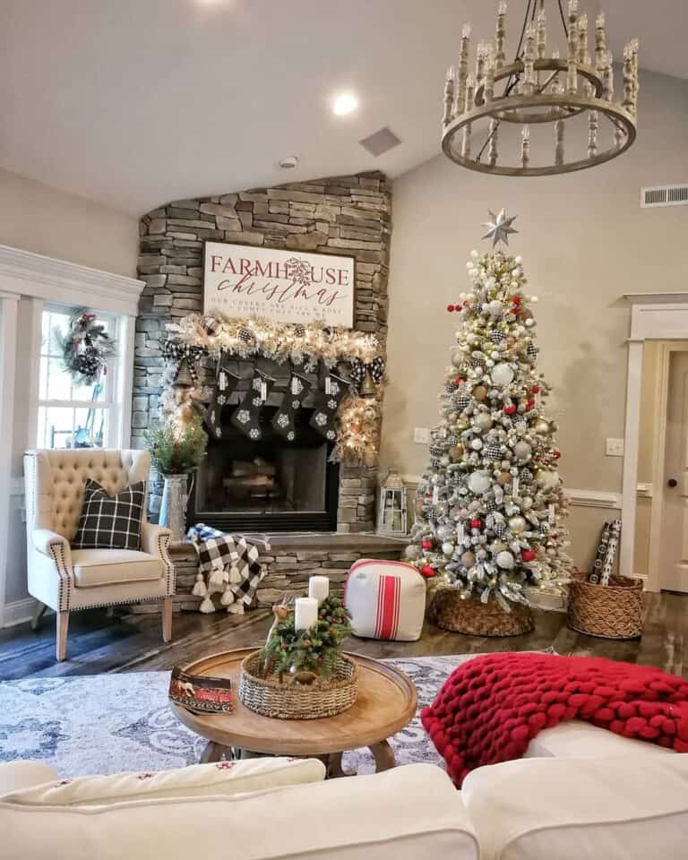 Stacked Stone Fireplace with Flocked Mantel Garland
