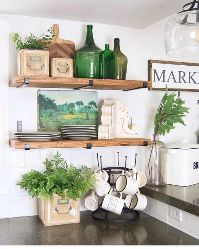 Stained Wood and Black Metal Shelves