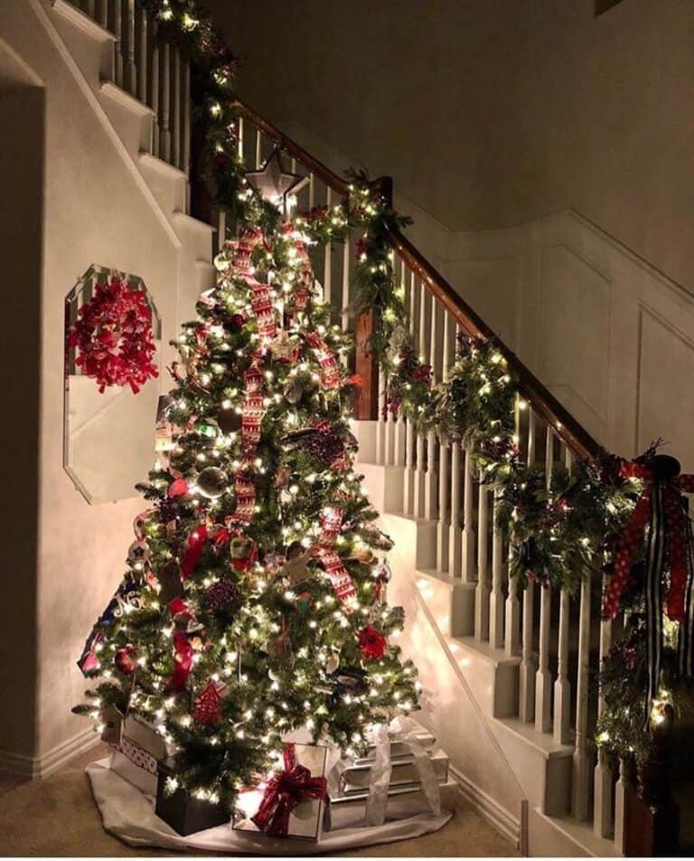 Staircase with Tree and Pine Garland