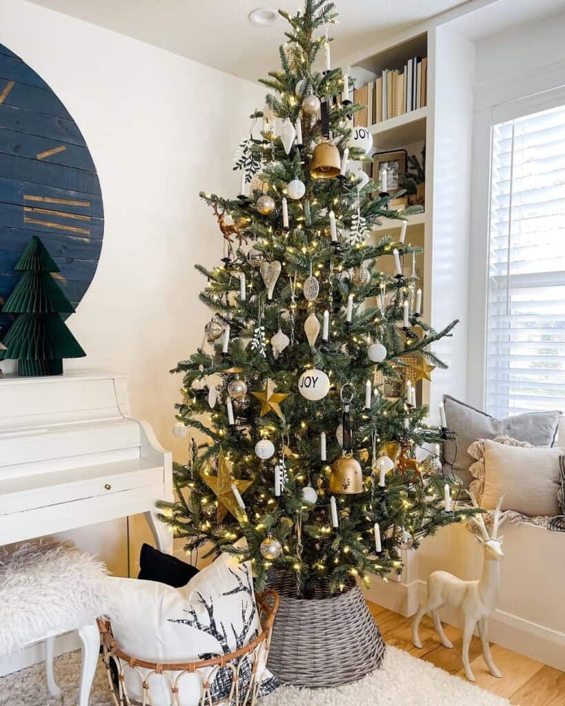 Stunning White and Gold Christmas Tree Decorations Near a White Piano