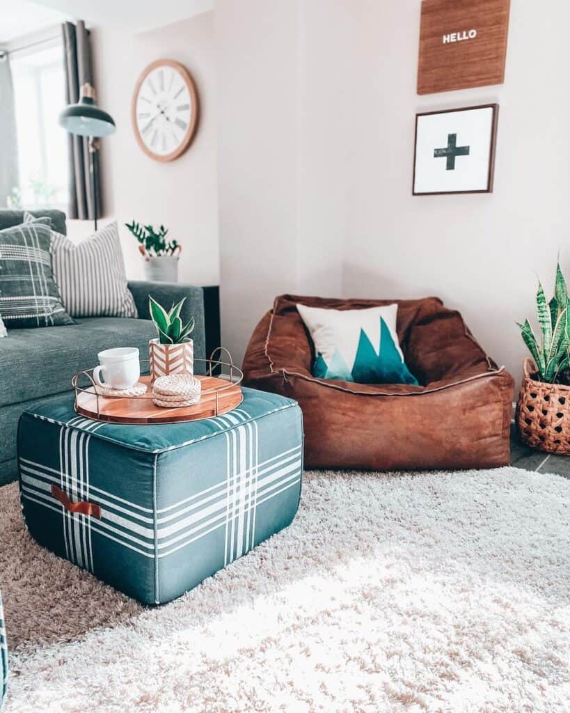 Teal Plaid Ottoman with Round Wood Tray