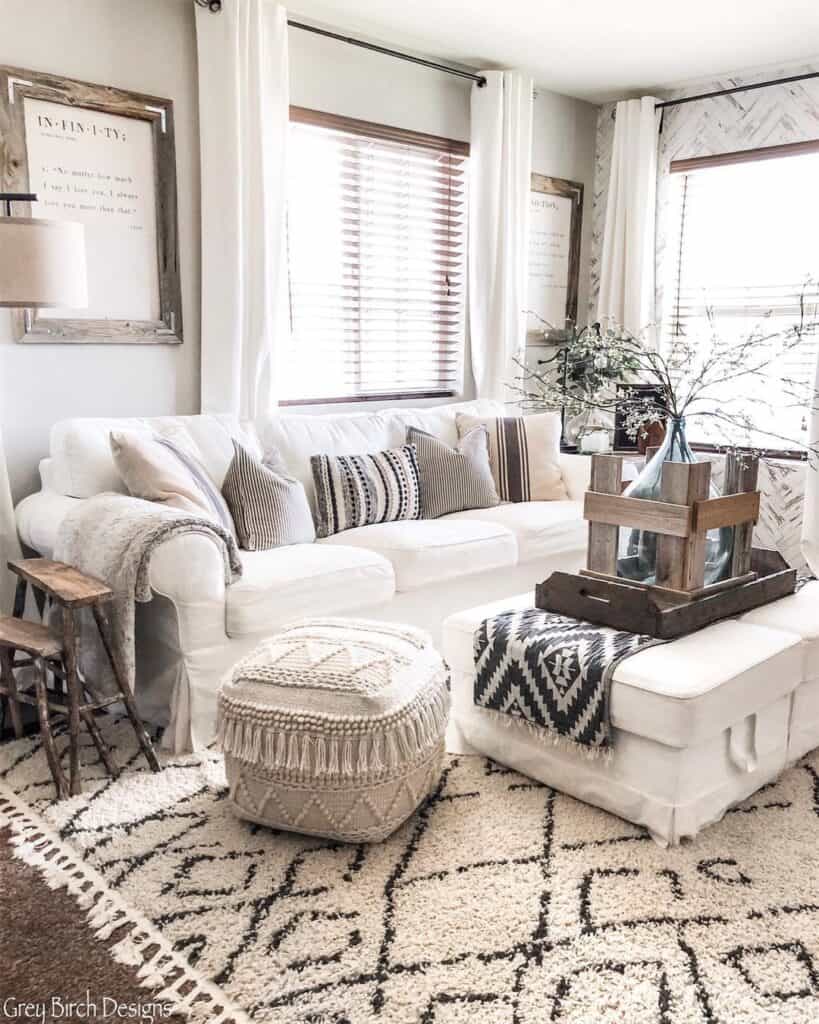 Textured White Pouf in a Living Room