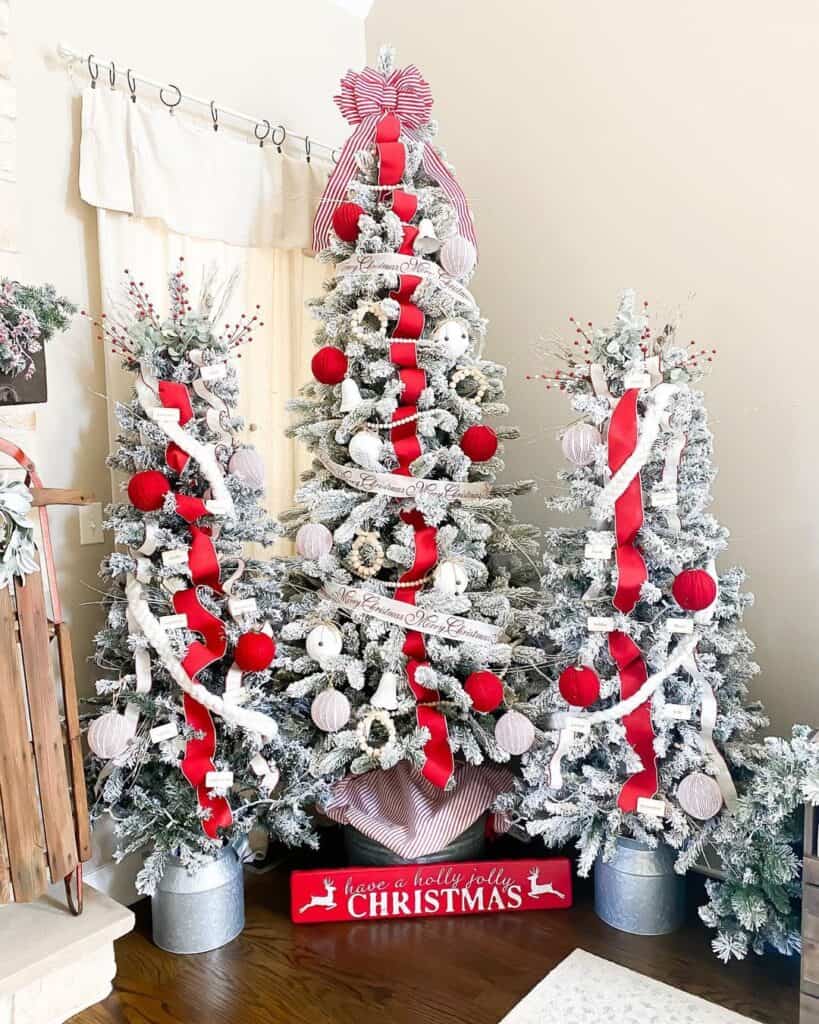 Trio of Flocked Trees with Red and White Ornaments