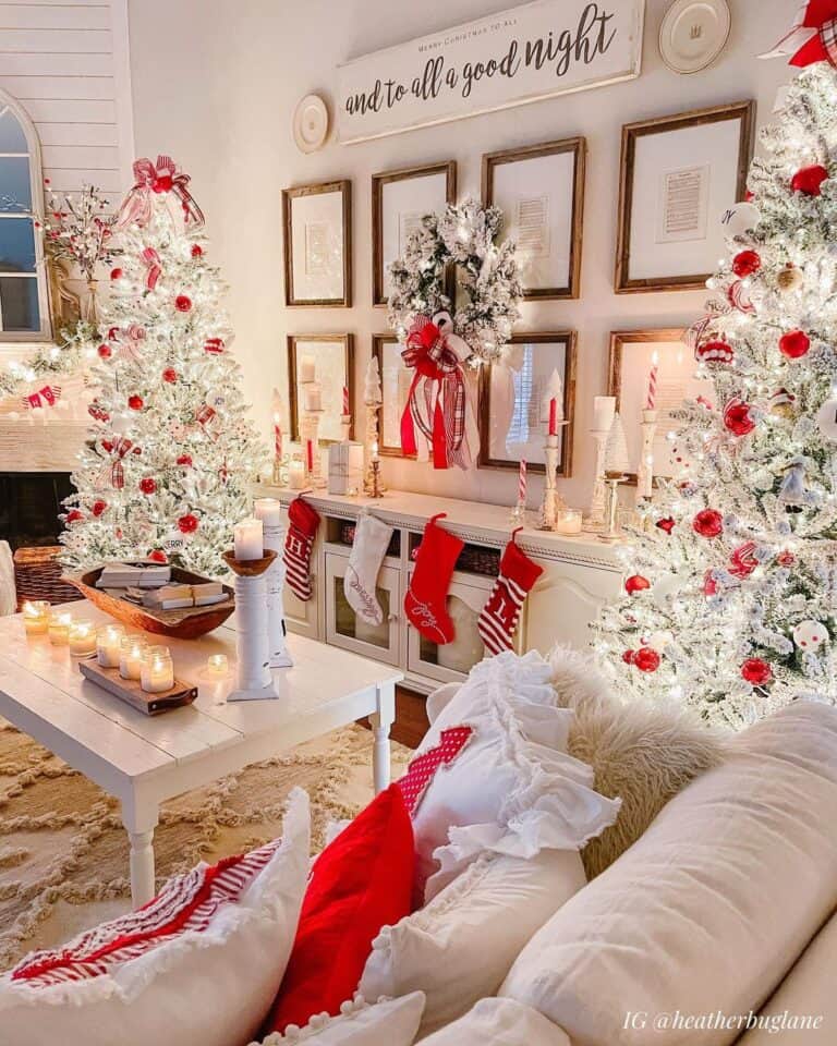 Twin Flocked Christmas Trees with Red Bow Tops