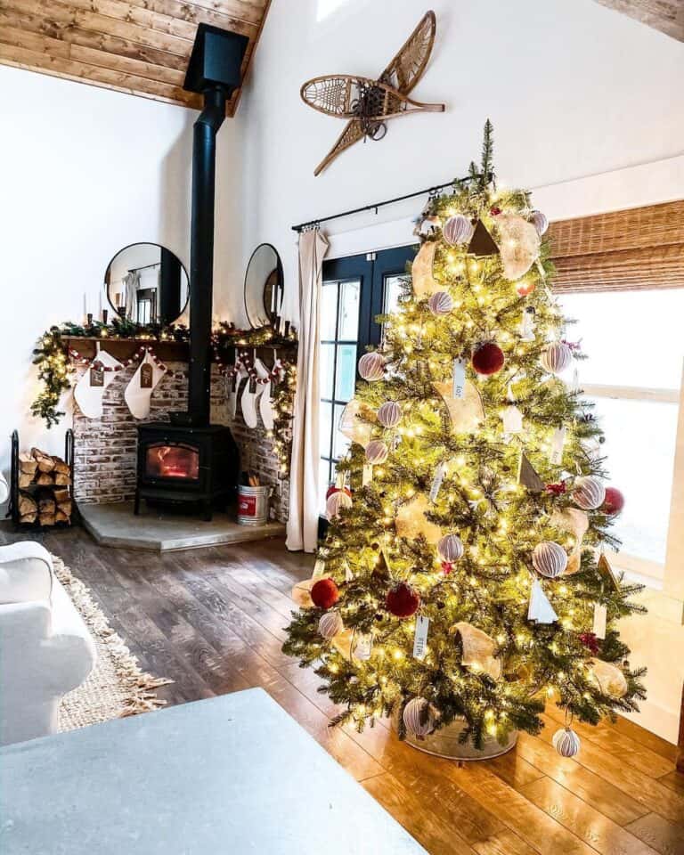 Twinkling Christmas Tree with Red and White Decorations