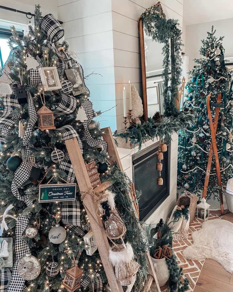 Two Christmas Trees Separated by Shiplap Fireplace