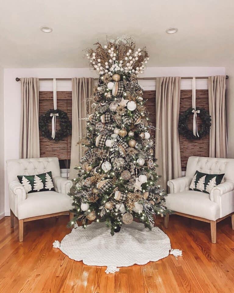 Unique Tree Topper and Tufted Armchairs