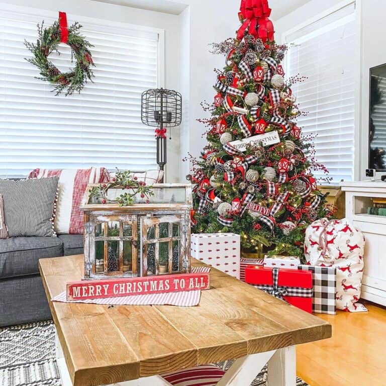 Vibrant Christmas Tree and Wood Coffee Table