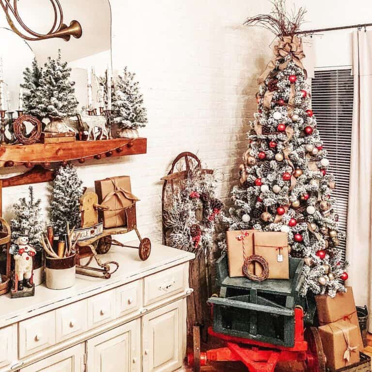 Vintage Items Surround Flocked Christmas Tree