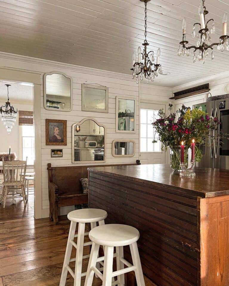 Vintage Rustic Kitchen with Island and Chandeliers