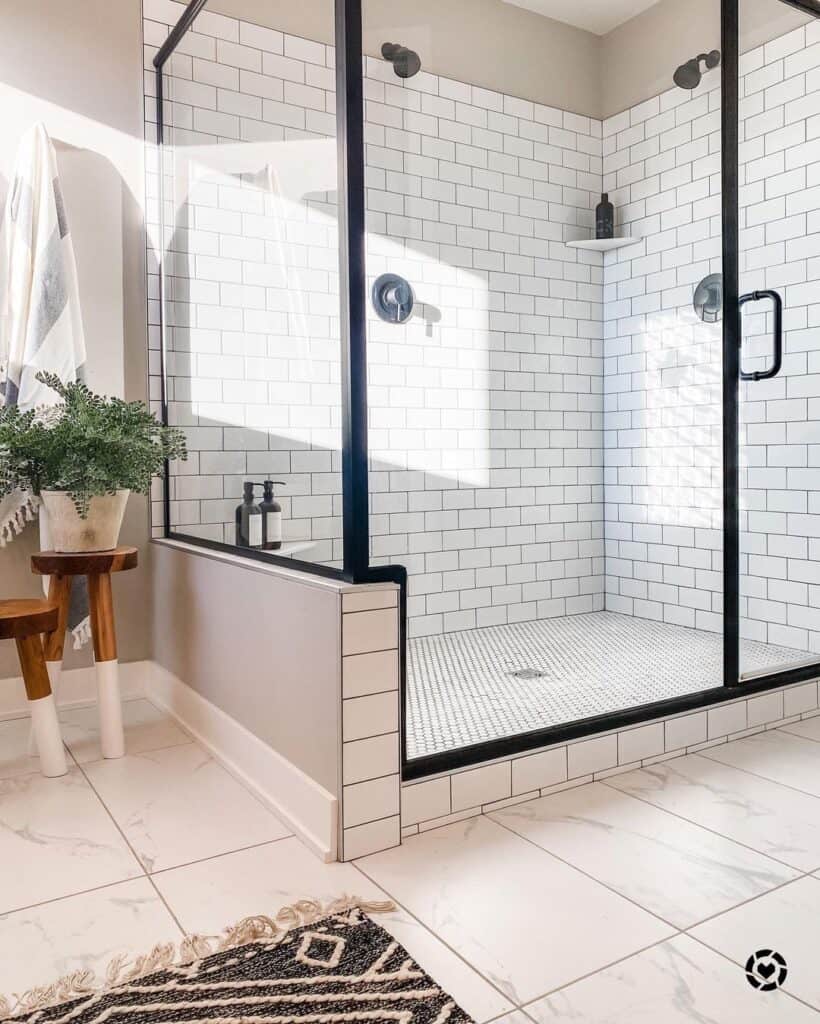 Walk-In Shower with Black Framed Shower Glass