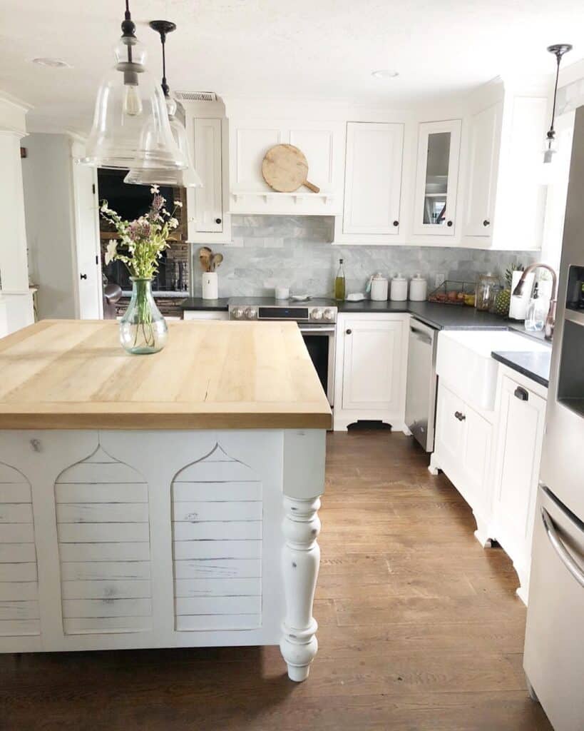 Weathered White Farmhouse Butcher Block Kitchen Island