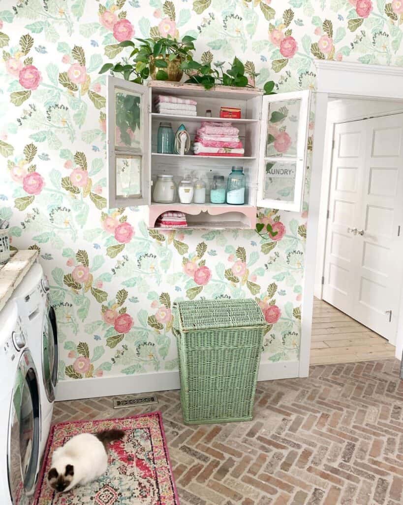 Whimsical Floral Wallpaper Over a Brick Herringbone Floor