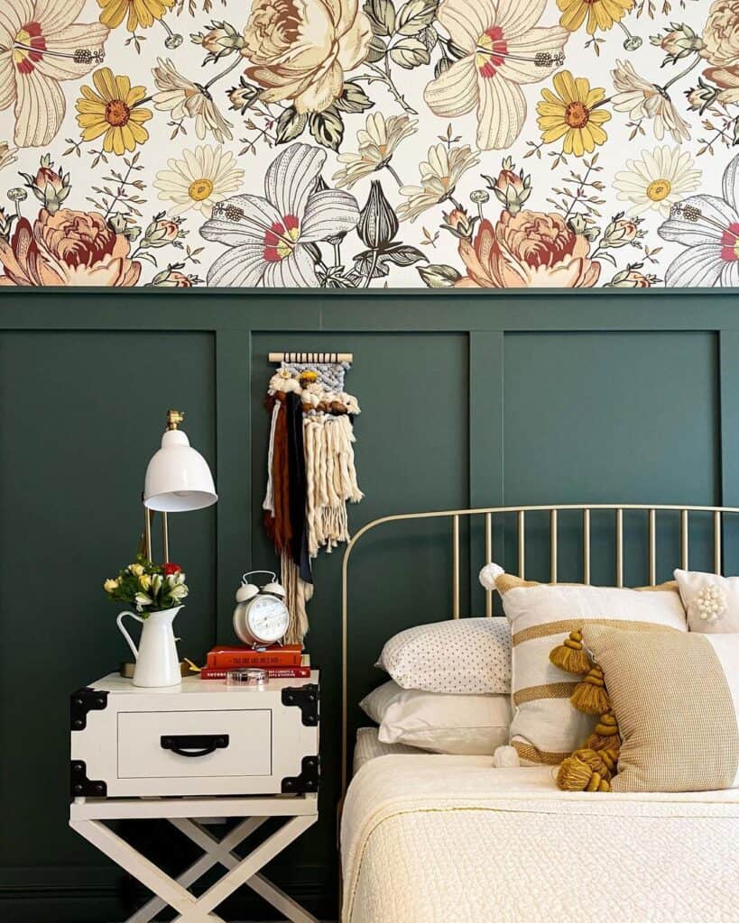 Whimsical Floral Wallpaper and Deep Green Wainscoting