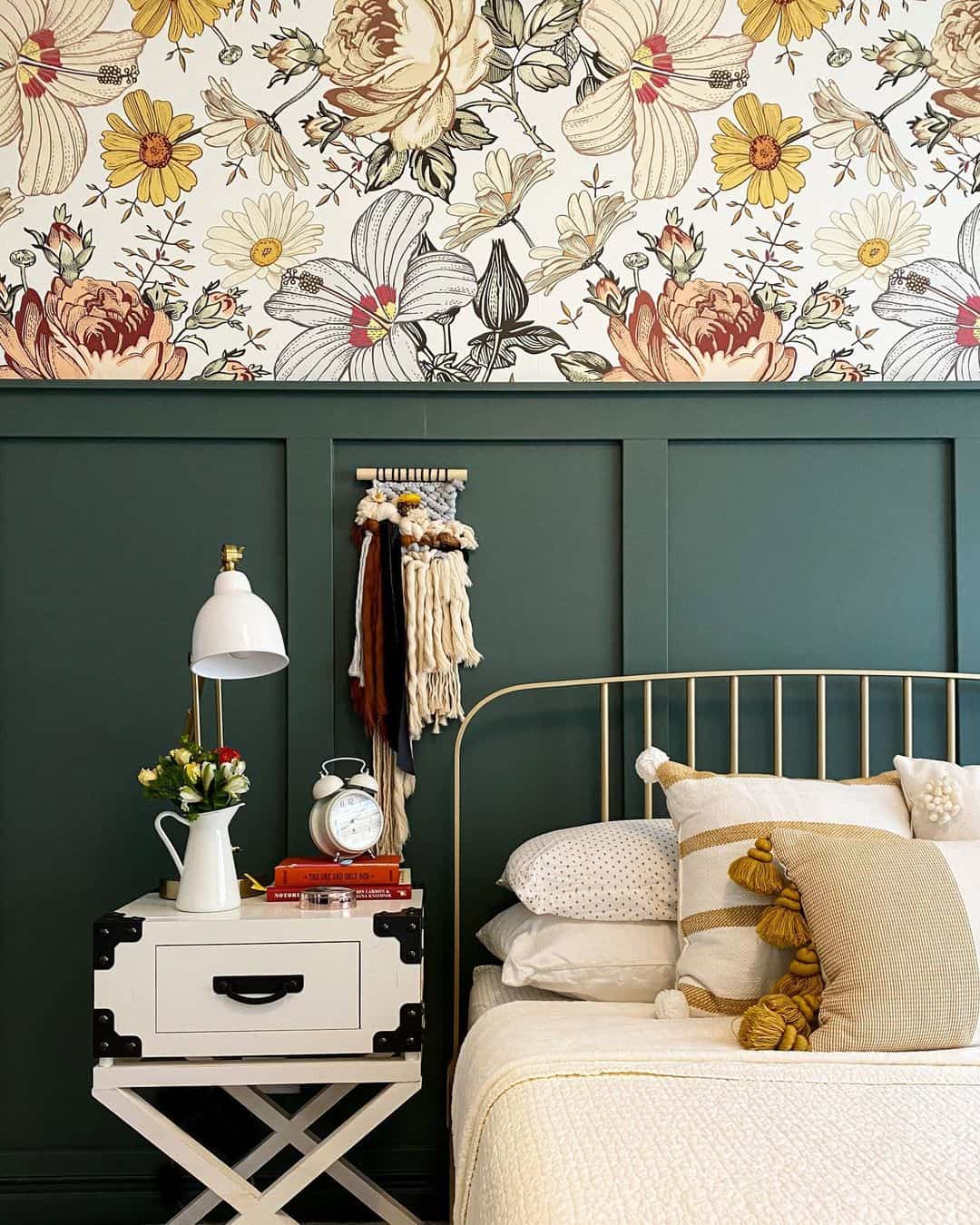 Whimsical Floral Wallpaper and Deep Green Wainscoting Soul & Lane