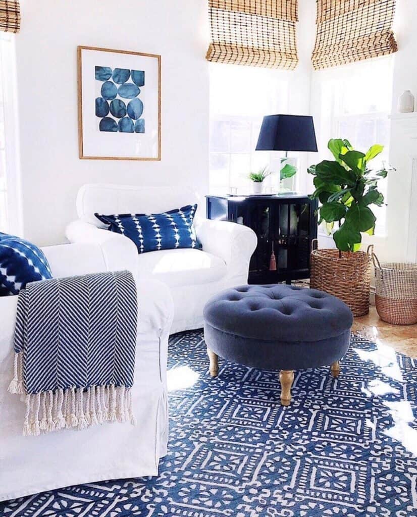 White Armchair Living Room with Blue Ottoman