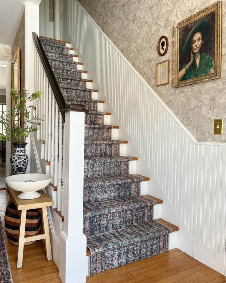 White Beadboard Wainscoting Up Staircase