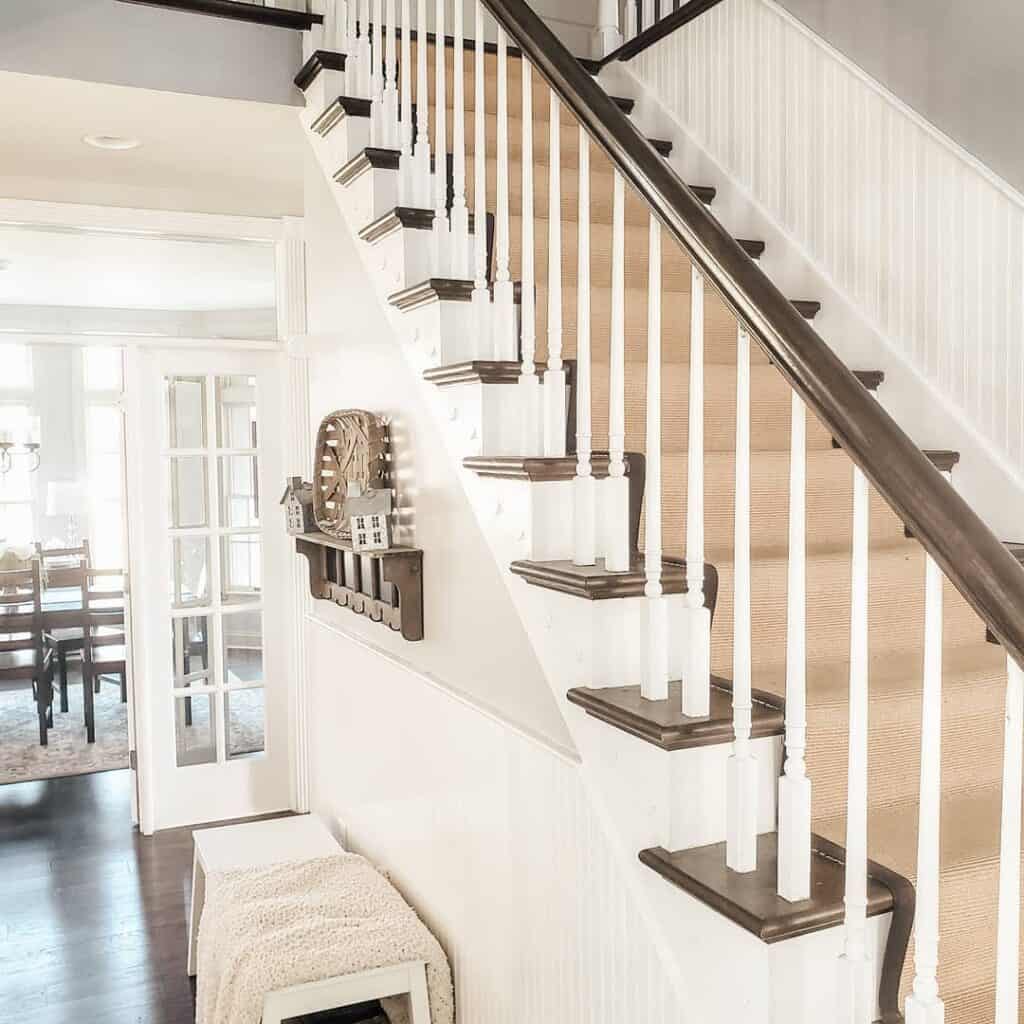 White Beadboard Wainscoting Up the Stairs