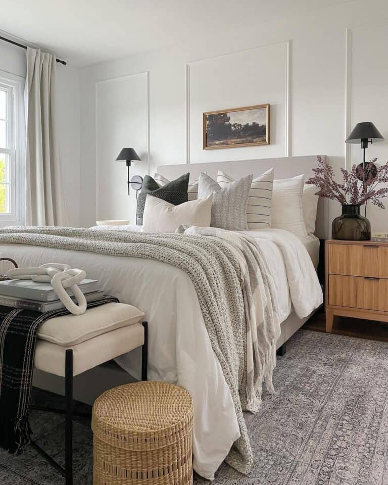 White Bedroom with Grey and White Bedding Ideas